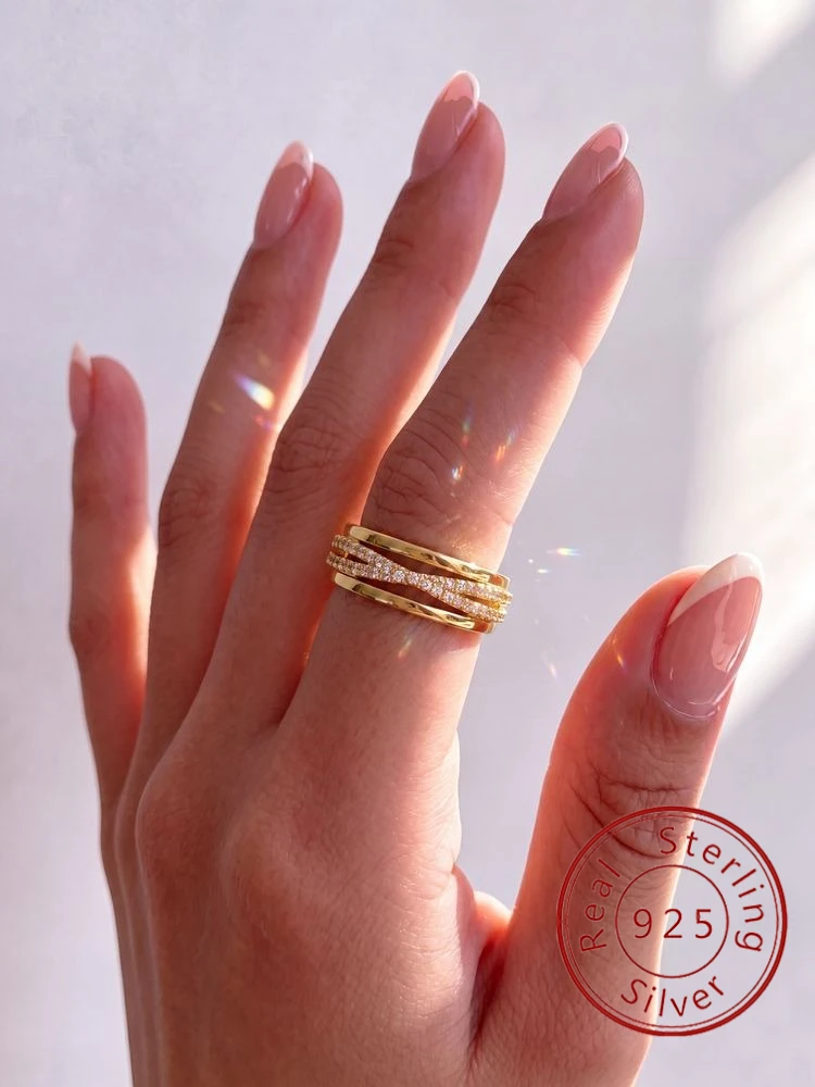 925 Sterling Silver Simple Crossed lines Three Piece set Zircon Ring For Women Engagement Luxury High Quality Fine Jewelry