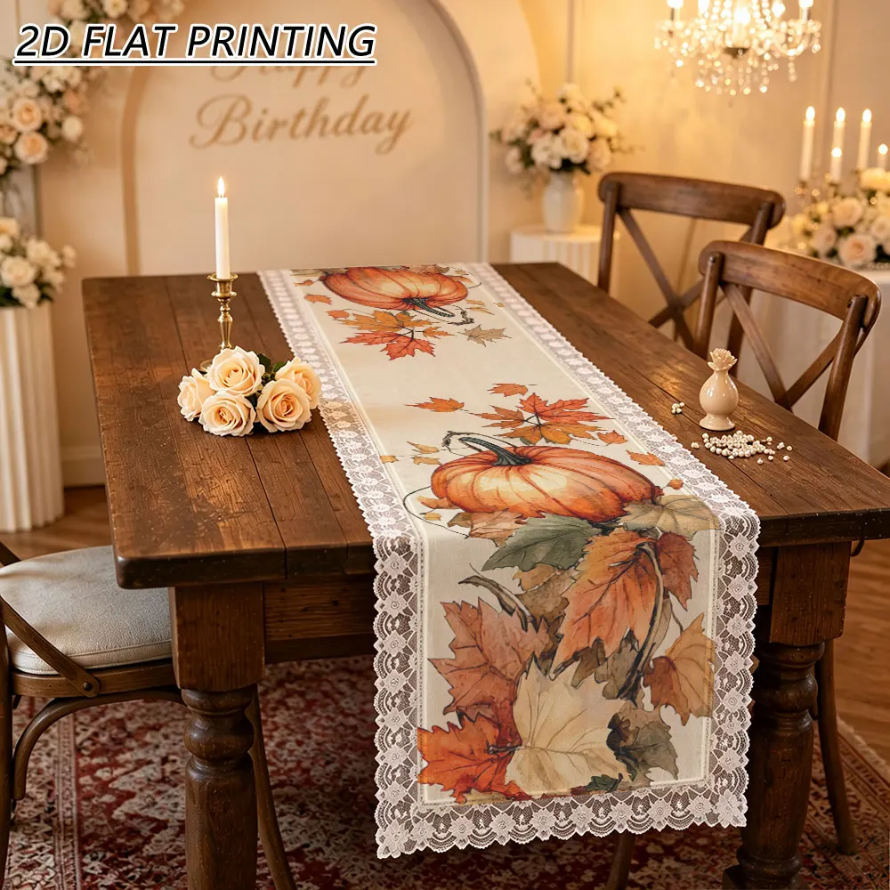 1pc Autumn Pumpkin Maple Leaf Pattern Tulle Lace Table Runner For Family Holiday Dinner