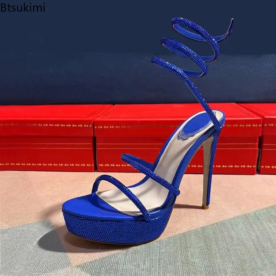 New 2026 Women's Summer High Heels Bling Rhinestone Waterproof Platform Ankle Wrapped Slim Heel Sandals Wedding Party Sandals