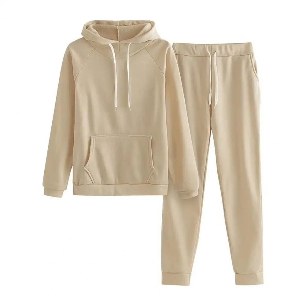 Women Two-piece Suit Cozy Winter Outfit 2-piece Hoodie Pants Set with Elastic Waist Drawstring Patch Pockets for Warmth Style