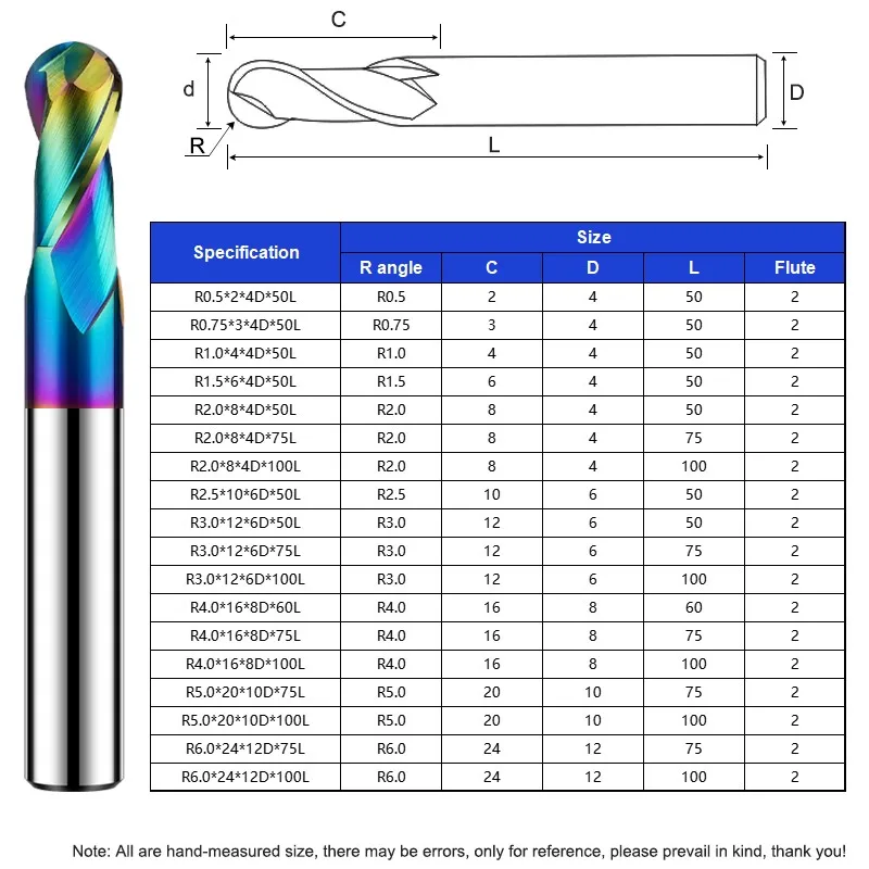 YIFINO HRC55 2F Colorful Coating Tungsten Steel Carbide Aluminum Ball End Milling Cutter CNC Mechanical Machining End Mill Tools