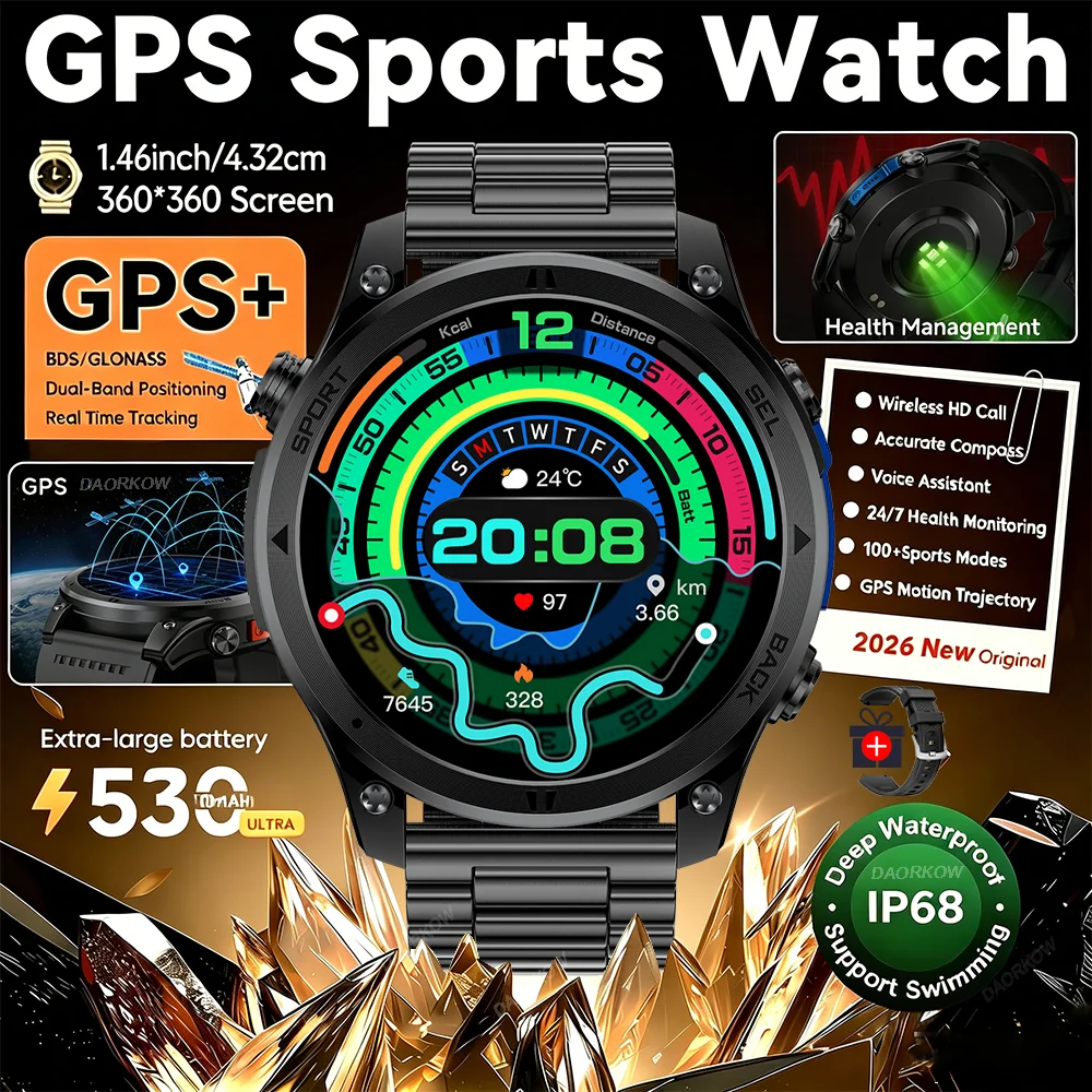 Gold Smartwatch with AMOLED Screen and Flashlight, Gift for Men