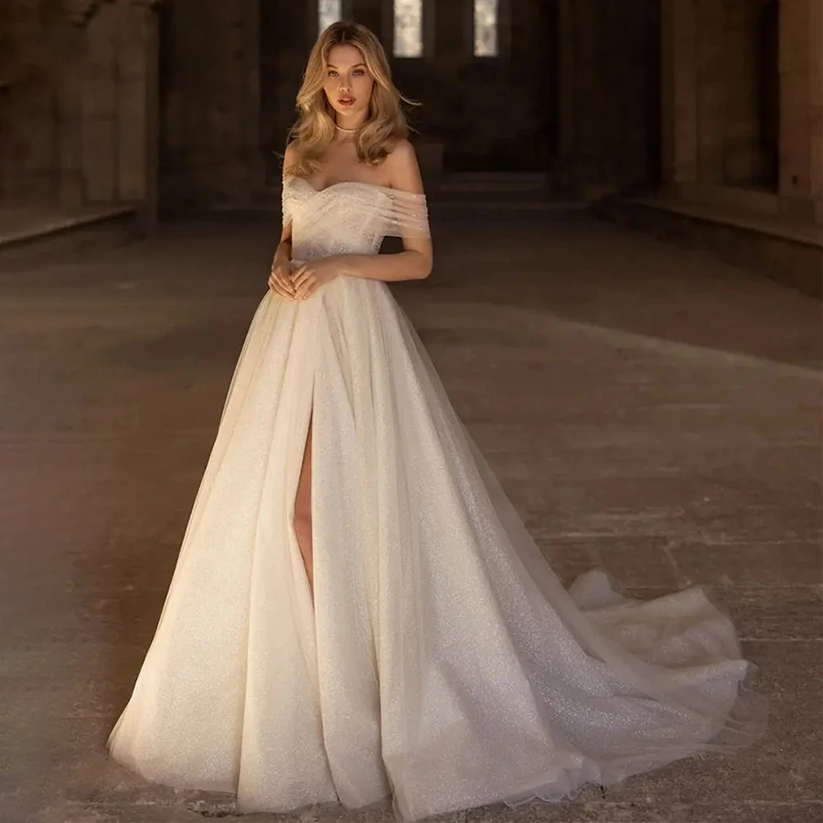 

Charming Sweetheart Neck Bride Gown A-line High Slit Off Shoulder Sexy Backless Illusion Tulle Skirt vestidos de novia