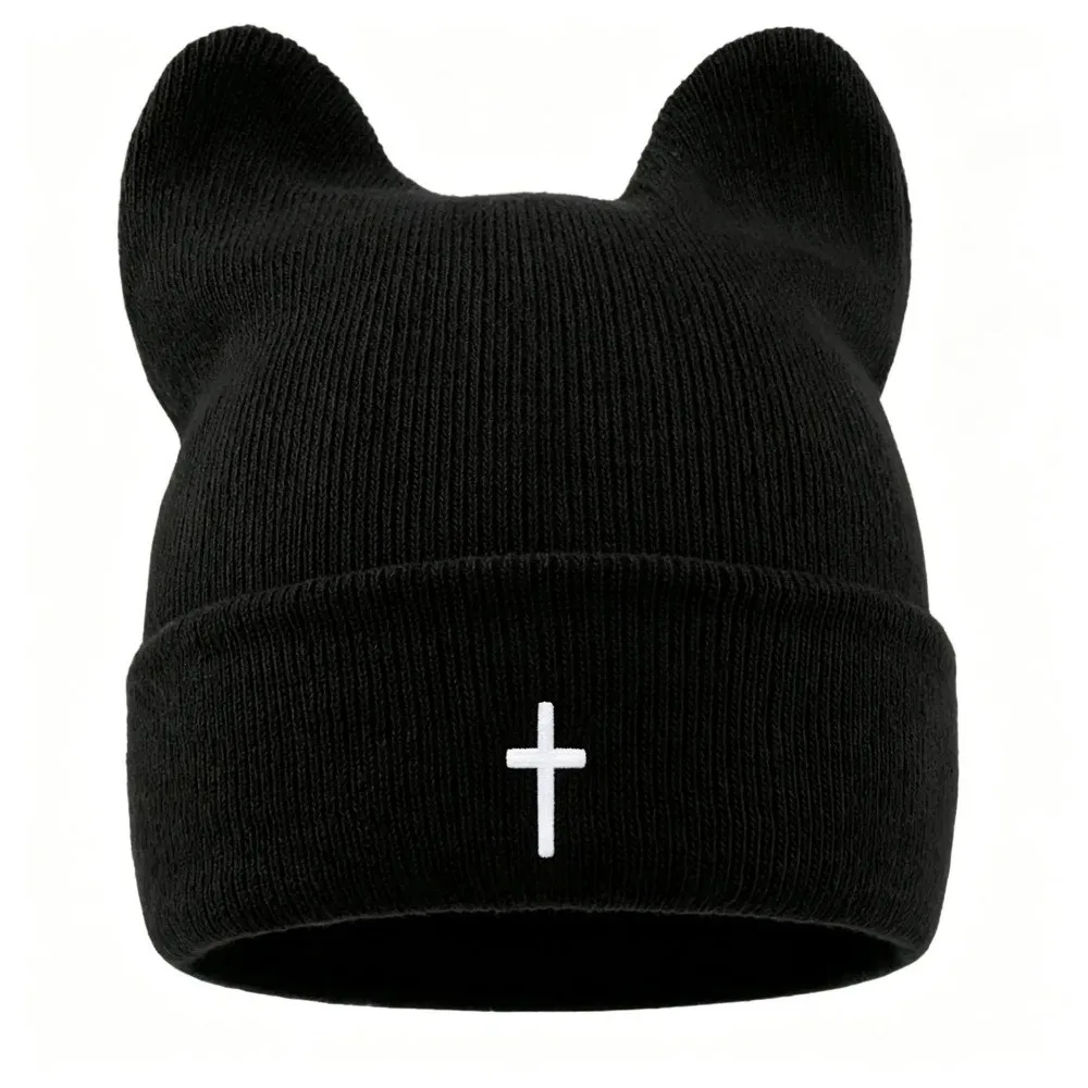 Fashion Cross-Embroidered Knitted Woolen Hat Thickened Keep Warm Cat Ear Beanies Cap Windproof Winter Bomber Hat for Women