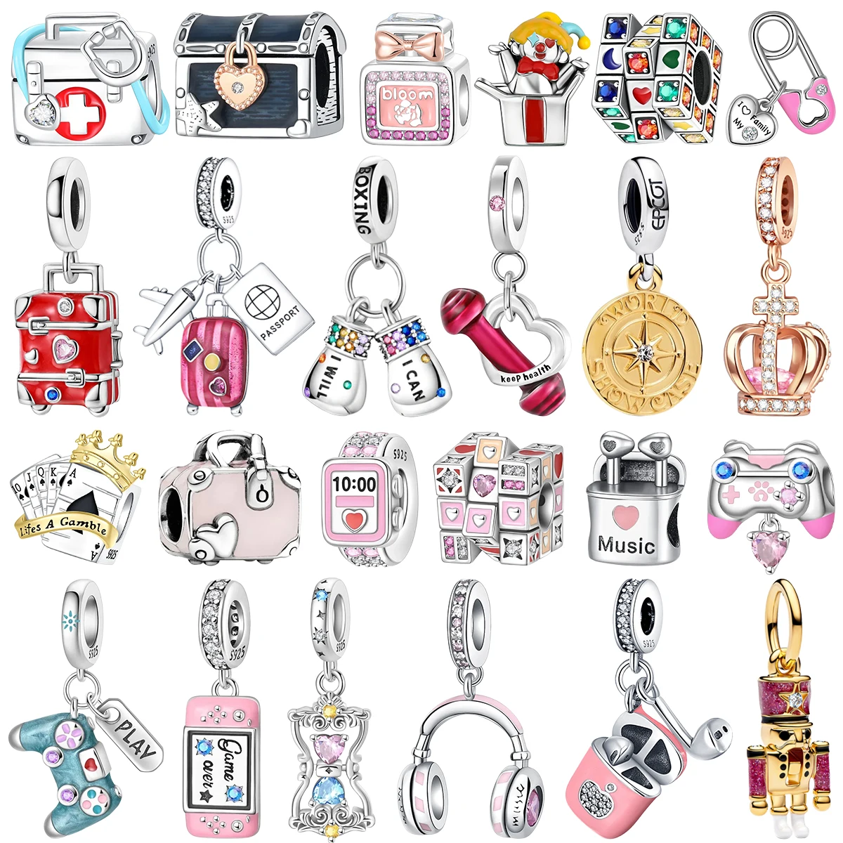 

925 Sterling Silver Charms Trunk Clown Rubik's Cube Pin Luggage Boxing Glove Dumbbell Compass Crown Beads Bracelet Jewelry Gift
