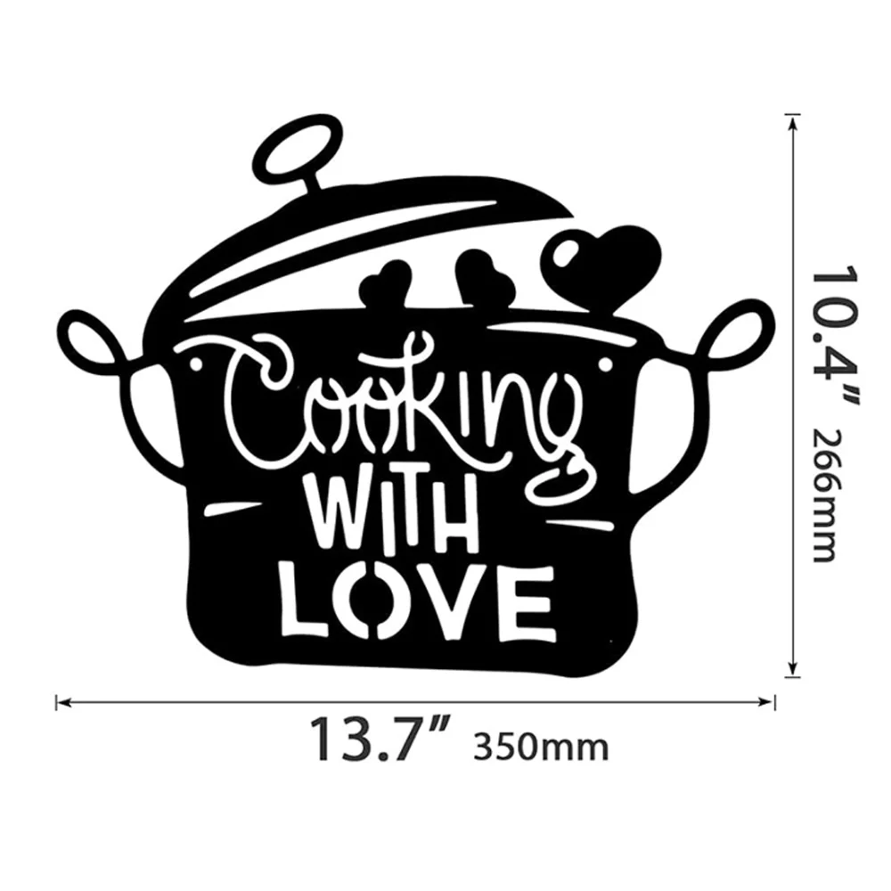 Black Metal Kitchen Pot Sign Cooking with Love Wall Decor Lovely Gift for Home Kitchen Decoration Stylish Wall Accent Vibe