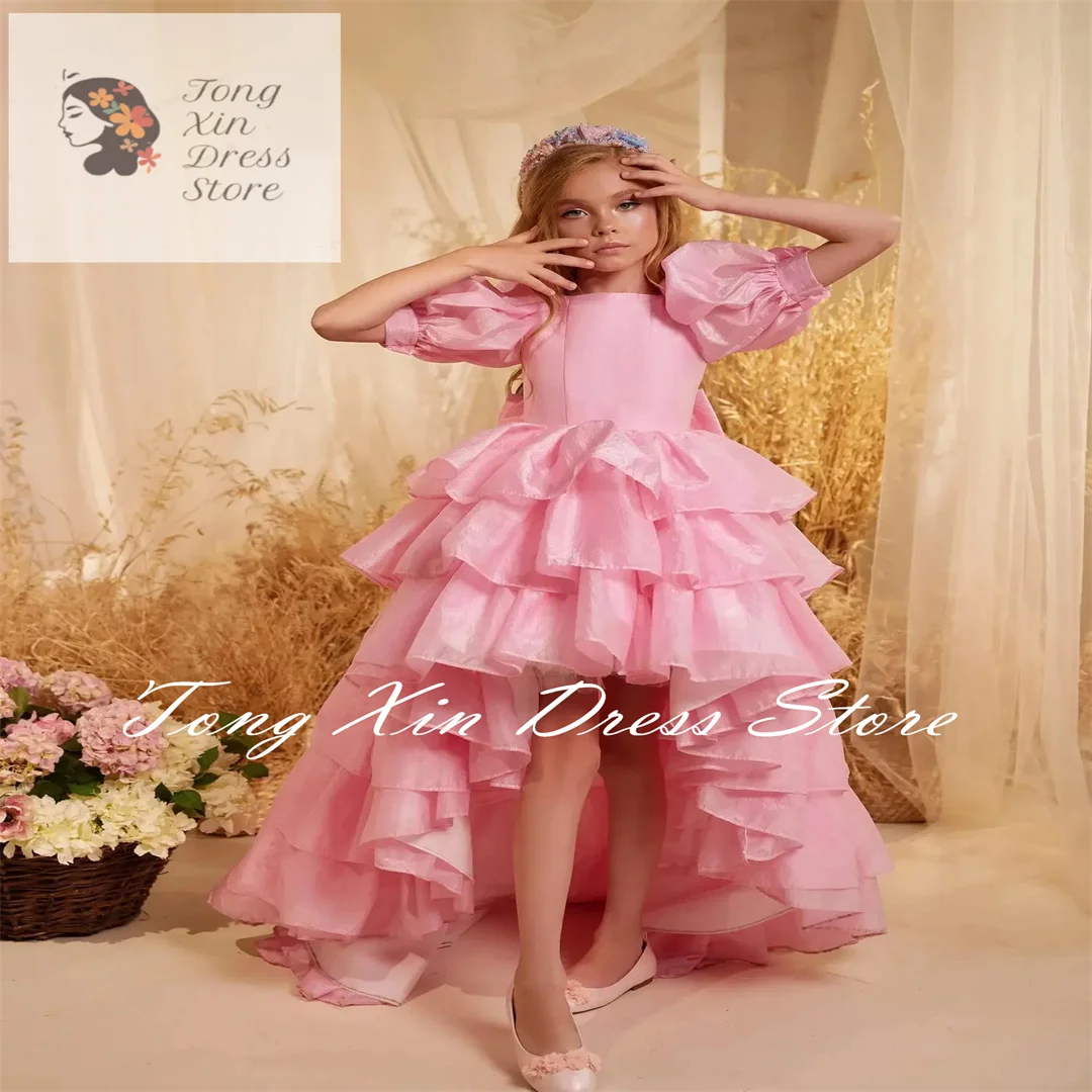 Customized Princess Flower Girl Dresses For Wedding With Bows Layered High-Low Length Kids Birthday Baby First Communion Gowns