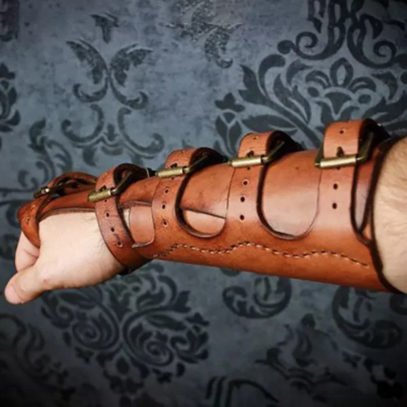 Medieval PU Leather Wrist Bracer Men Women Carpal Tunnel Weapon Steampunk Gloves for Hunting Shooting Horse Riding Larp Cosplay