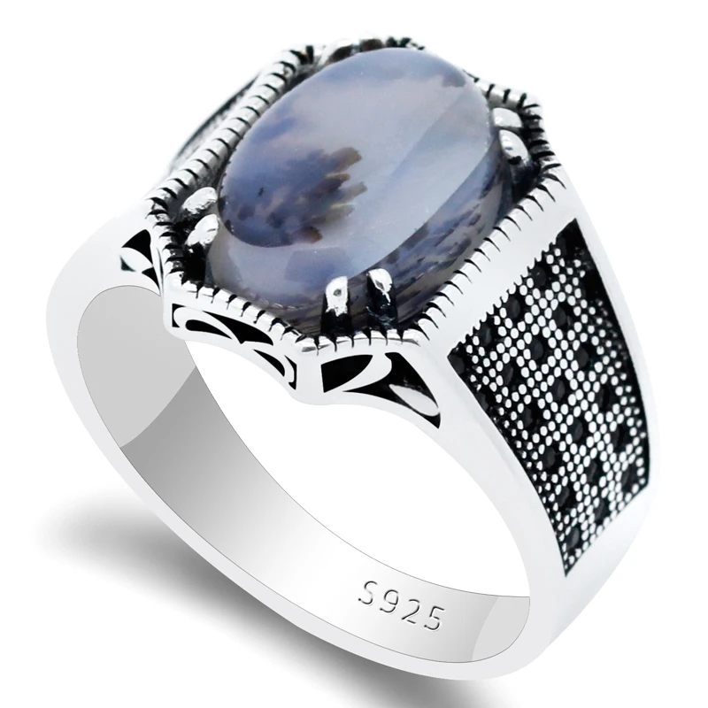 S925 Silver Men's Ring with Natural Agate Stone Lucky Ring  Türkiye Jewelry Couple Ring Jewelry Set Woman For Ring