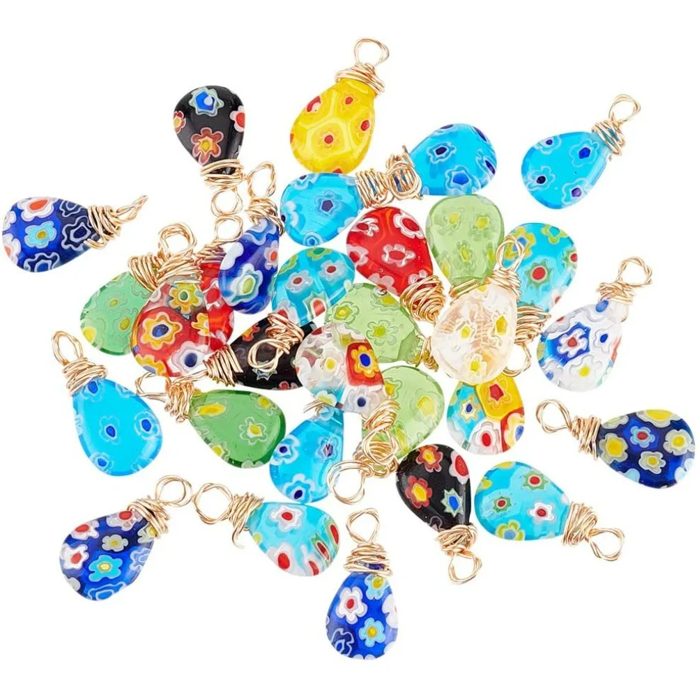 30pcs Lampwork Pendants Teardrop Millefiori Lampwork Glass Pendants 17 x 7mm Colorful Bead Charms for DIY Earring Jewelry