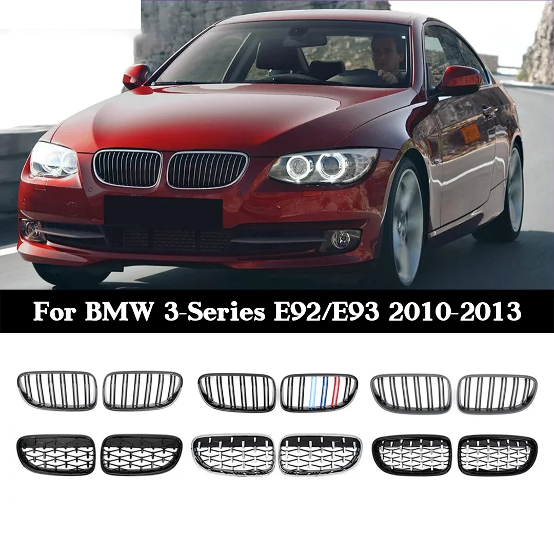 For BMW 3 Series E92 E93 2010-2013 Chrome Silver Diamond Front Grille, M-Style Single Line Kidney Grills with M Color Black Trim