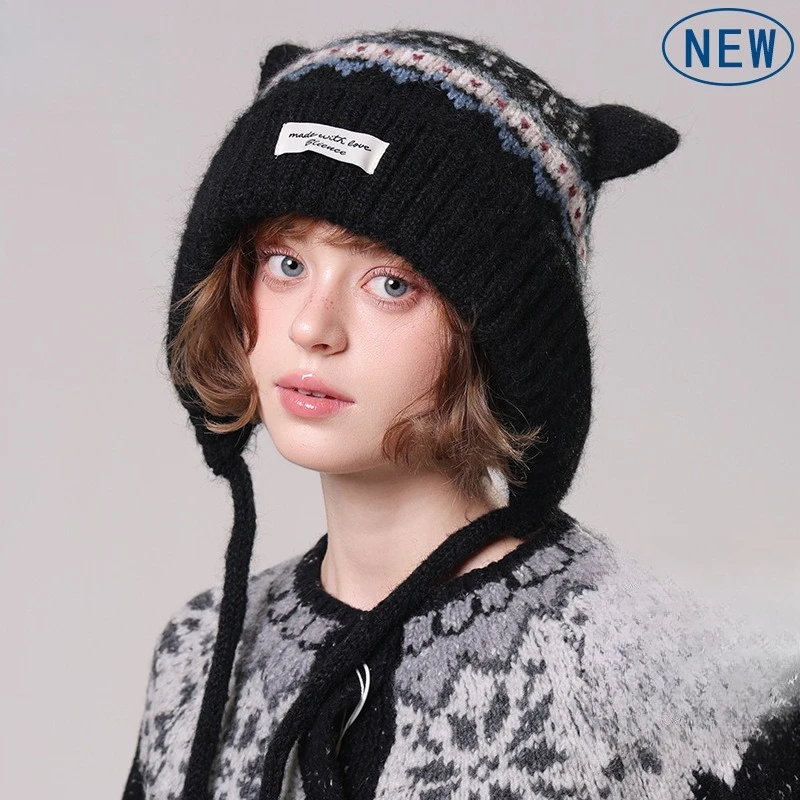 Autumn and Winter New Literary Cartoon Cat Ear Print Knitted Hat Girls Outdoor Cold Thickened Face Protection Wool Hat