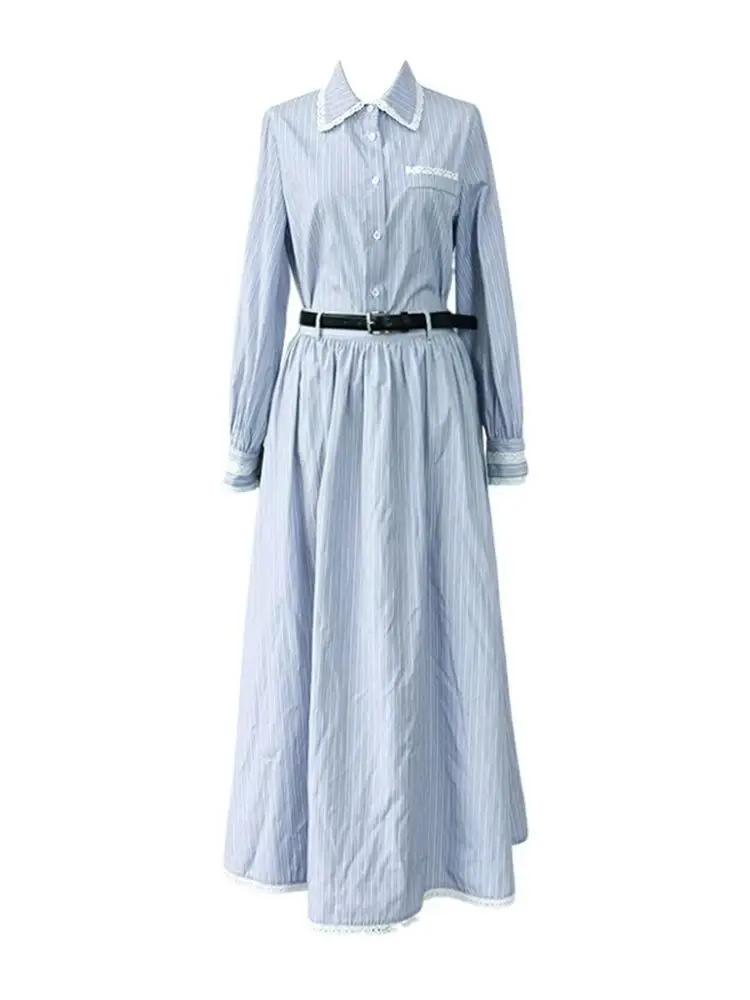 أنيقة الحلو Preppy النساء قمصان طويلة فساتين خمر الأزرق مخطط بولو طوق زر حتى فساتين مطوي الكورية أزياء الربيع