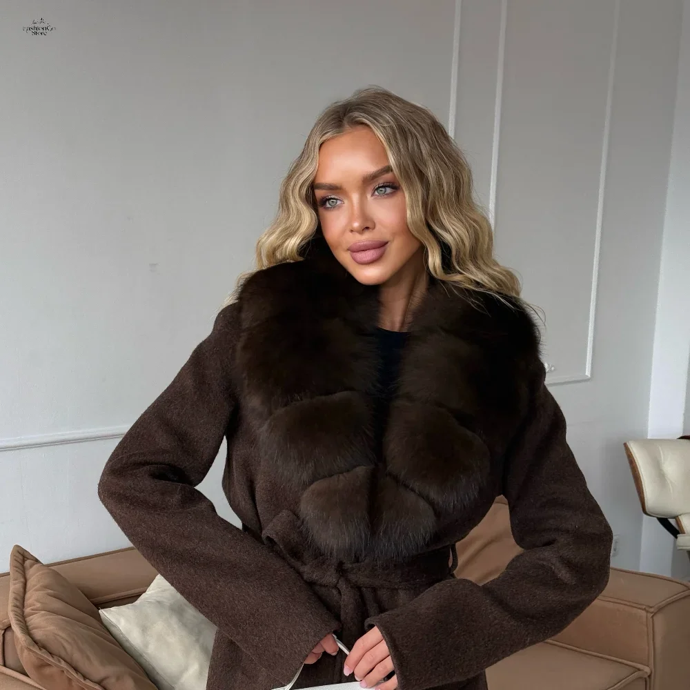 Lady Brown Faux Fur Collar Wool Blend Belted Long Coats Wrap Elegant V Neck Long Sleeve Jackets Autumn Winter New Casual Outwear