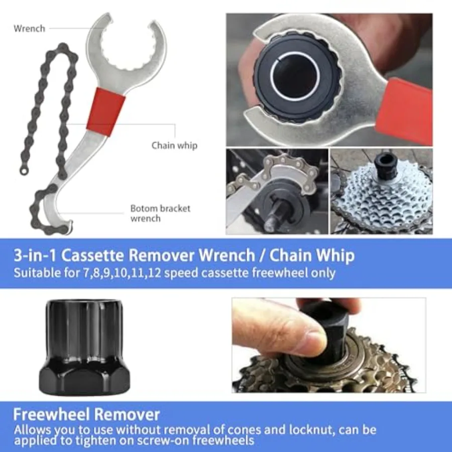 Bike Tool Kit, Professional Bike Repair Tools for Mountain Bike with 3-in-1 Cassette Remover Wrench Crank Puller Extractor Bott view 2