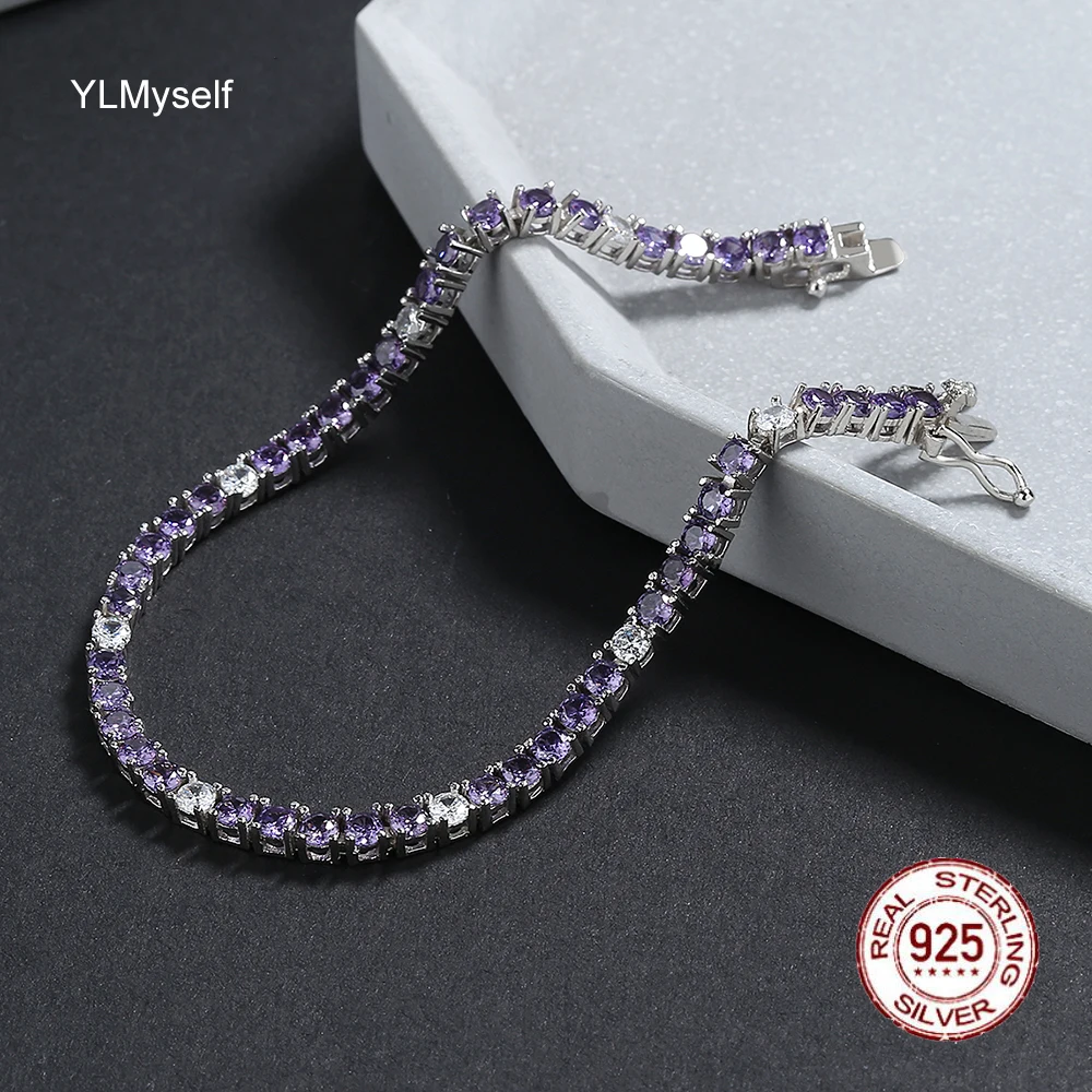 Solid Pure 925 Silver Tennis Bracelet Pave 3 mm Purple Mix White Cubic Zircon Fine Jewelry For Women