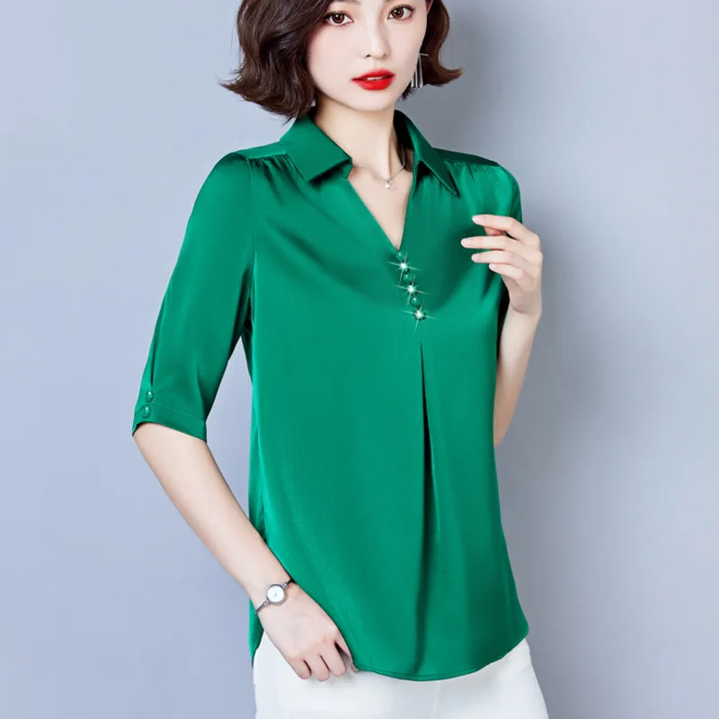 #2522 Summer Satin Blouse Women Half Sleeve Womens Tops And Blouses Regular Fit Office Blouse Female Solid Color V-neck Buttons