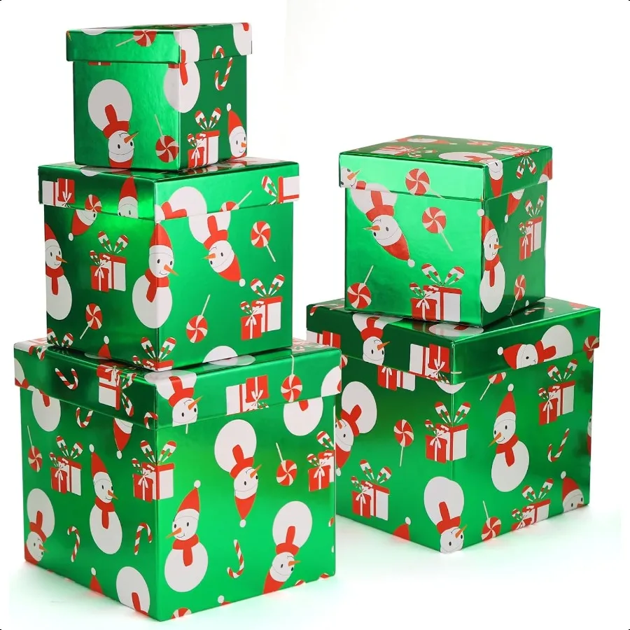 

5PCS Christmas Snowman Nesting Gift Boxes Set Green Foil Mirror Candy Cane Lollipop Square Cardboard Nested Box w Lid for Gift