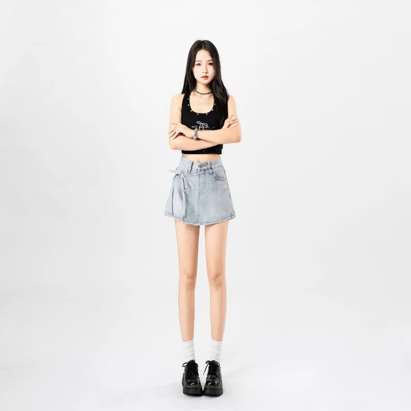 Women's Skirt Summer Denim Pockets Belted Short A Line High Waist Streetwear Beach Mini