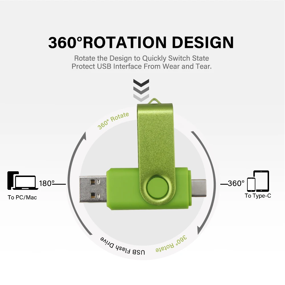 Unidade flash USB de alta velocidade com logotipo personalizado gratuito tipo C 2 em 1 360 °   Girar livremente Pendrive 128GB/64GB/32GB/16GB compatível com vários formatos