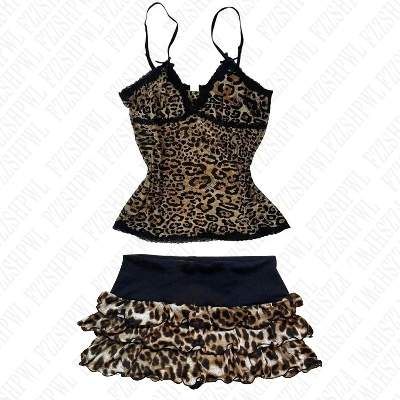 Y2k Sling Camis Harajuku Graphic Print Leopard print Lace Half length skirt Sexy Crop top Summer Cute Hiphop Vintage High street