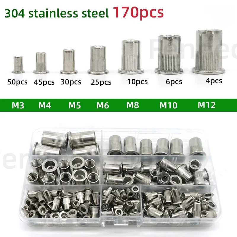 

170PCS 304 Stainless Steel Rivet Nut Assort Set Flat Head Threaded Rivet Nut M3 M4 M5 M6 M8 M10 M12 Metric Insert Rivet Nuts