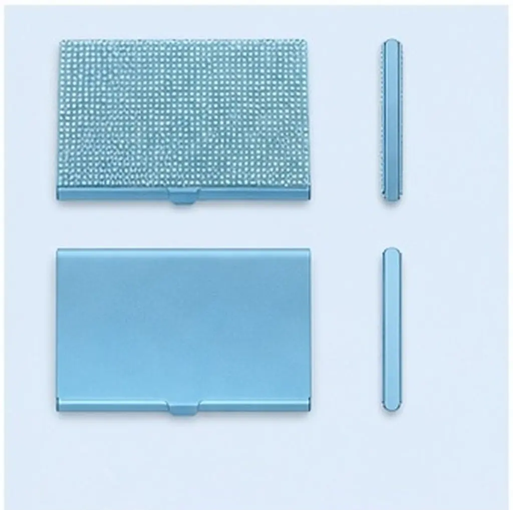 Bling Business Card Holder Rhinestone Metal Case Blue for Women Office Travel Meeting Decorative Card Organizer