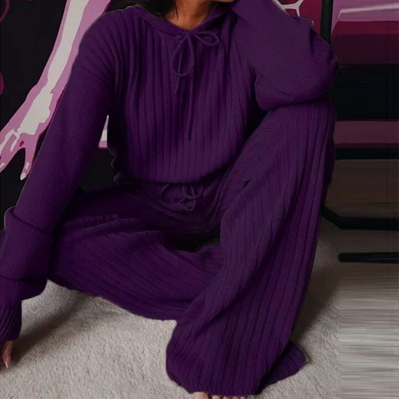 Pyjama à Capuche à Manches sulfpour Femme, Décontracté, Solide, Mode, Streetwear, Élégant, 2 Pièces, Printemps Automne