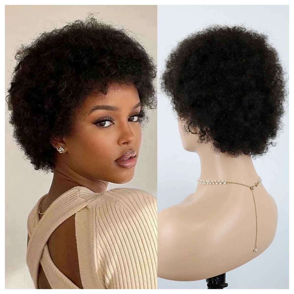 Peruca Curly Afro Kinky para Mulher, 100% Cabelo Humano, Cor Preta, Pixie Curl, anos 70