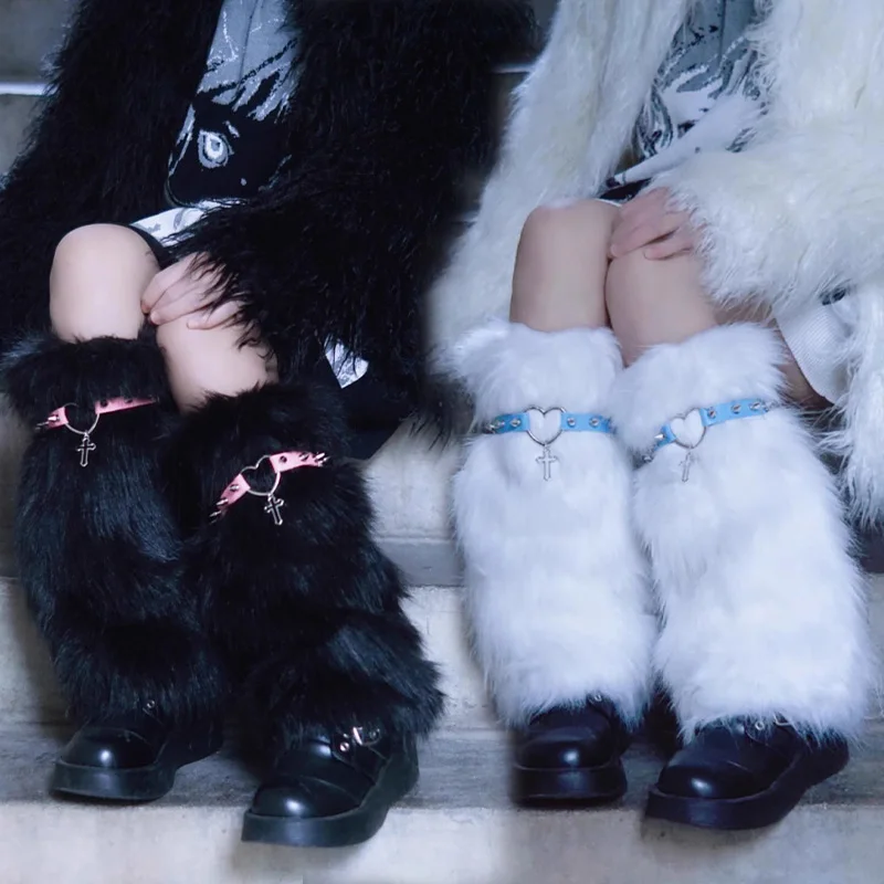 

1/2 пары новых черно-белых готических меховых гетр, зимние плюшевые пушистые чехлы для ног, теплые эластичные чехлы для ботинок, модные женские чулочно-носочные изделия