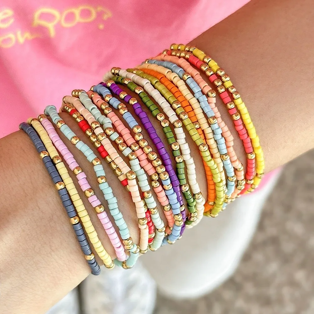 New Bohemian Colorful Beaded Bracelet Stretchy Adjustable Beaded Bangles Stacked Wrap Charm Hand Chain Gifts Bracelet Woman