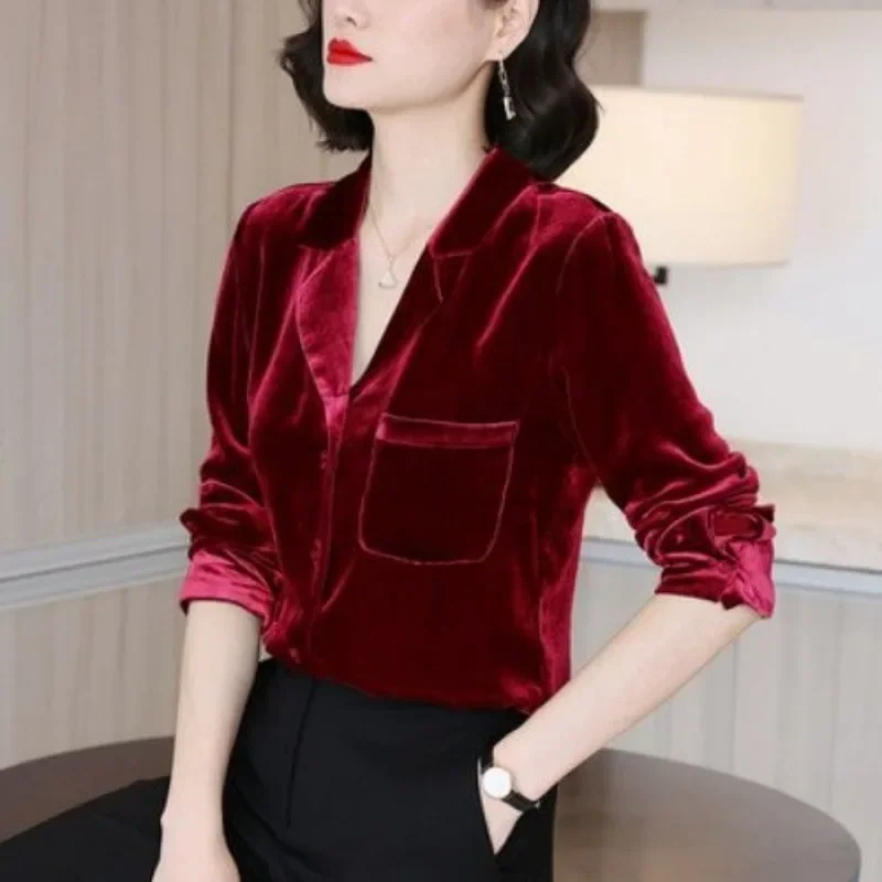 Luxury Blouse Women Gold Velvet Tops Design Vintage Office Ladies Shirts V-neck Single-breasted Long Sleeve Chic Jacket Shirt