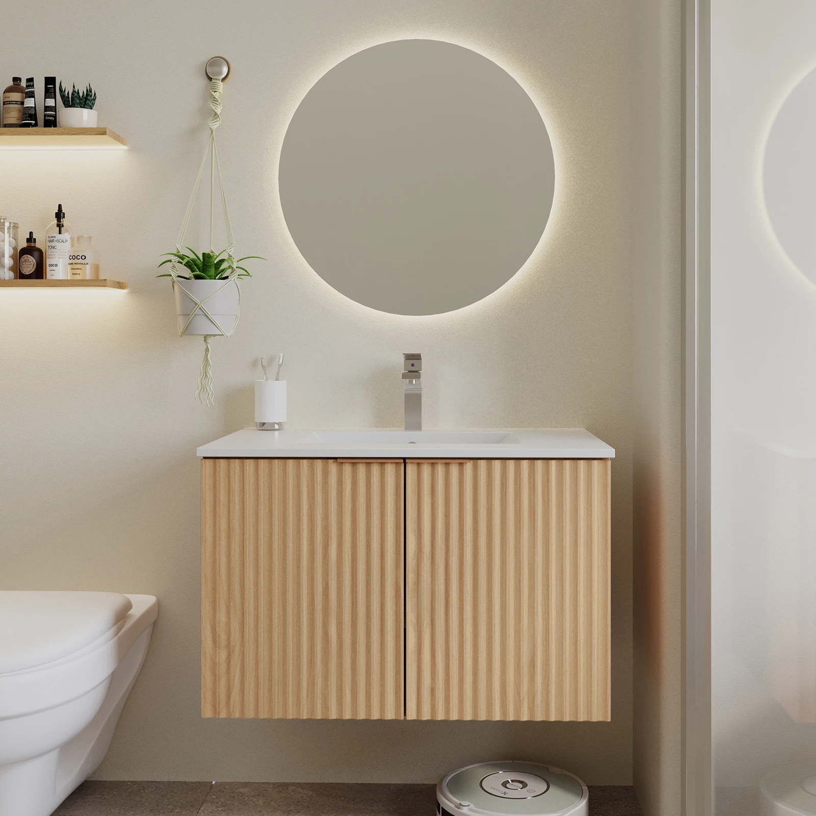 30/36in Wall Mounted Bathroom Vanity Cabinet Fluted Wave Panel Floating Storage Cabinet Modern Hanging Bathroom Furniture Without Sink