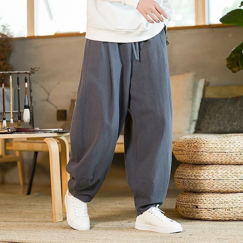 

Loose Men Pants Cotton and Linen Elasticity Drawstring Wide-leg Lantern Pants Fashion Korean Sports Running Men Trousers