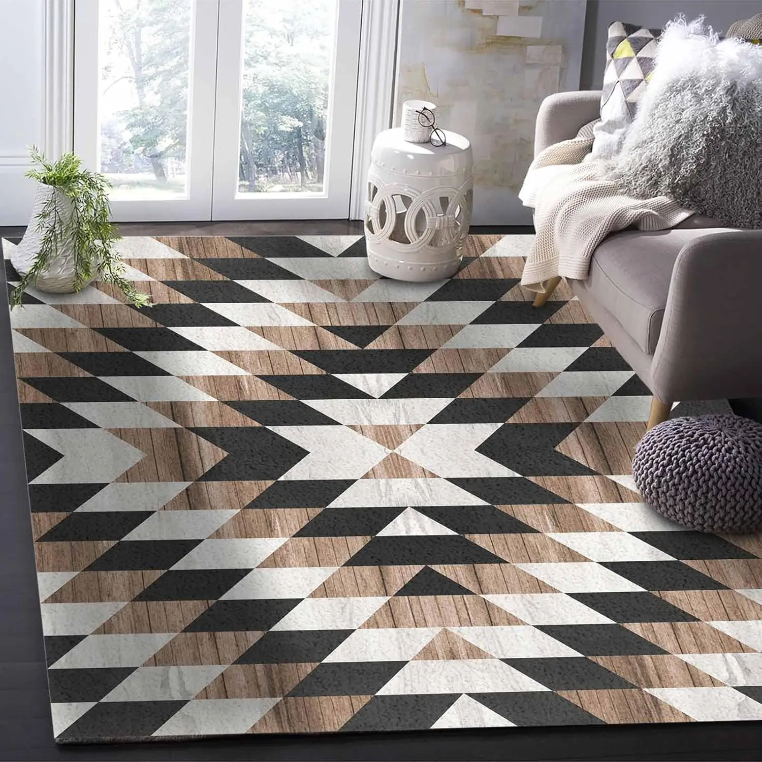 Wood Boho Pattern Washable Area Rugs Farmhouse Black Wood White Non Slip Rugs for Living Room Bedroom, Low Pile Floor Mat Large