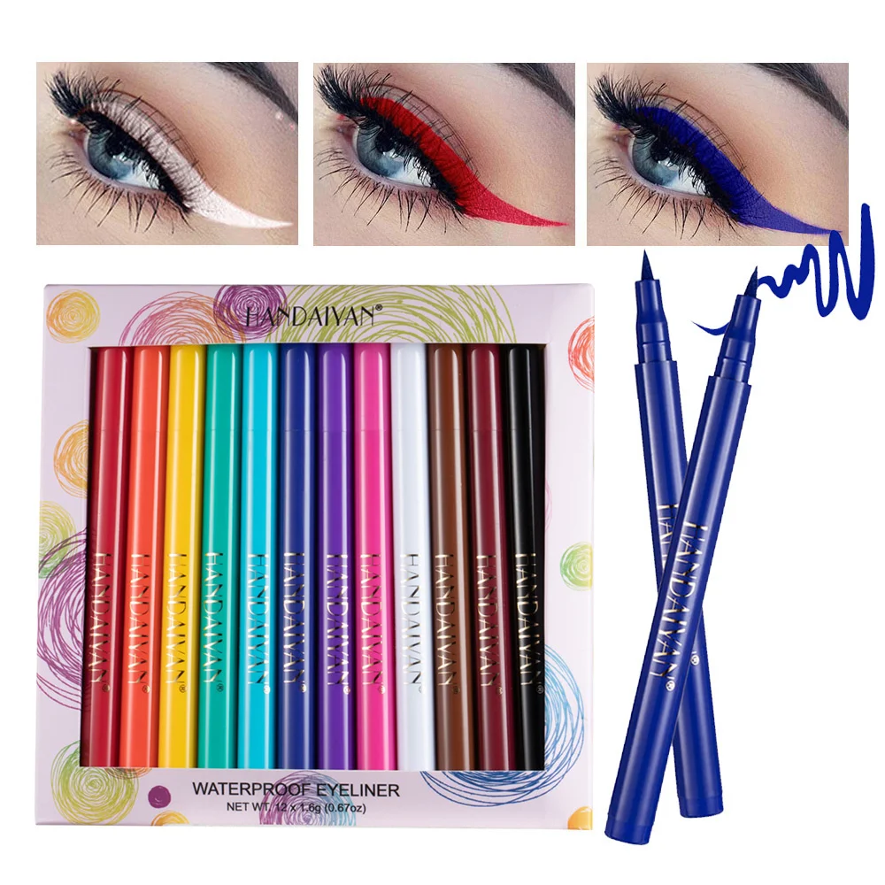 12 kolorów/pudełko o mocno rozdrobnionej Eyeliner płyn do kredek Eyeliner wodoodporny szybkoschnący 12 godzin nosić Eyeliner łatwy w użyciu zestaw kosmetyków