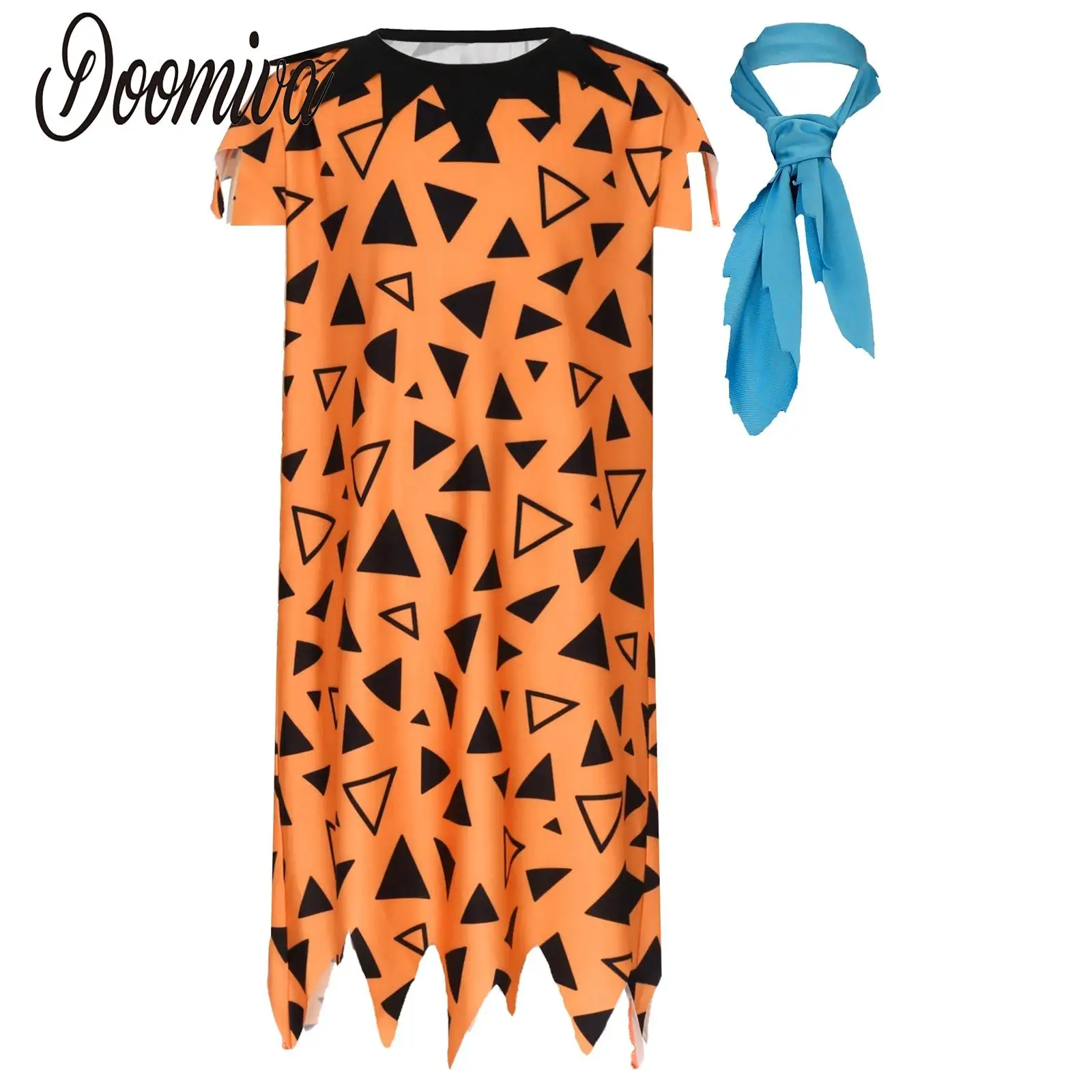 

Kids Boys Caveman Costume Print Jagged Cuffs Short Sleeve Robe Dress and Tie Outfit for Cosplay Carnival Halloween Theme Parties
