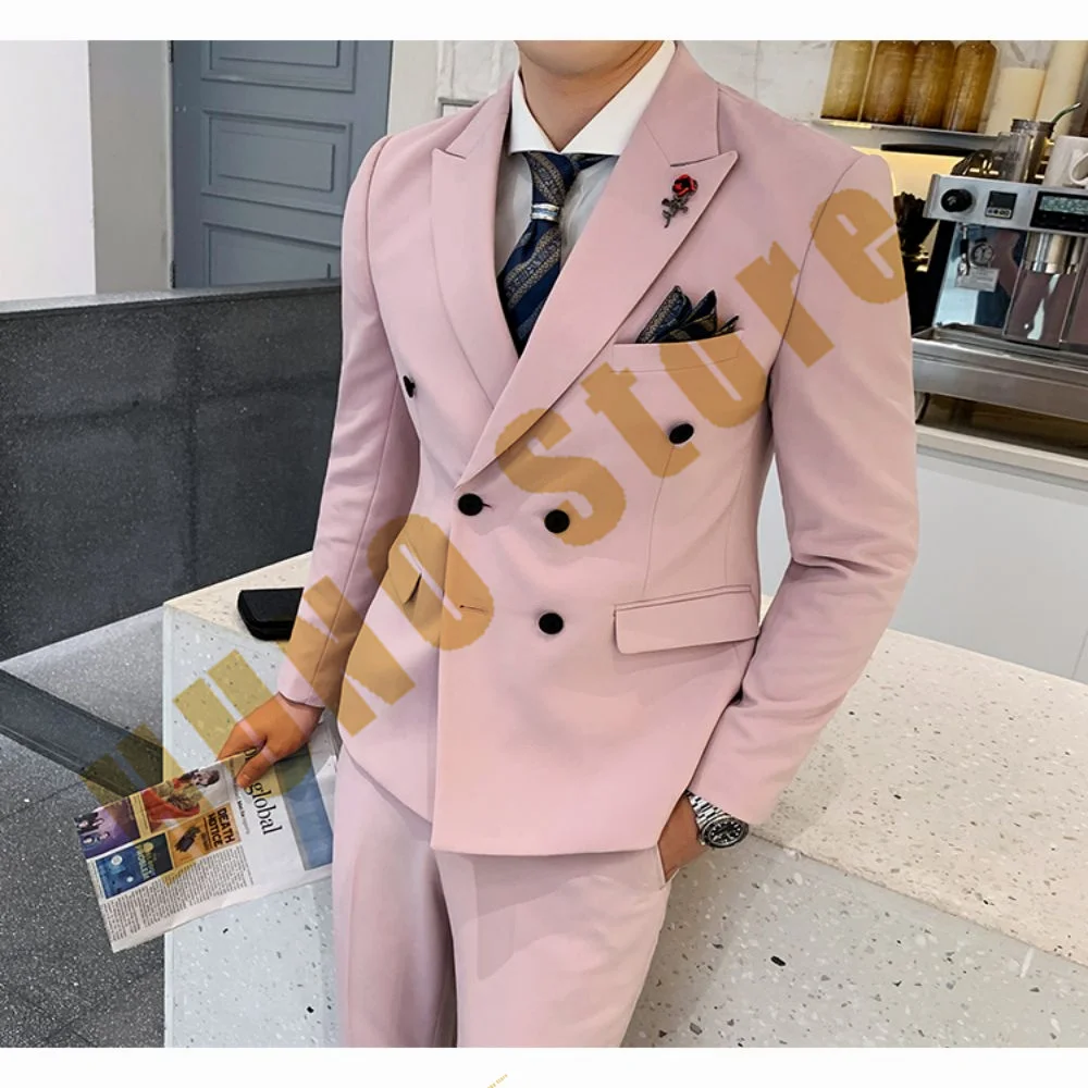 2023 Elegant Suits for Men Double Breasted Turn-down Collar Casual Slim Wedding Groomsmen Dress Two Piece Suit