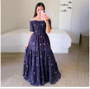 

2026 New Spring/Summer Women's Clothing Design Sense One Shoulder Fragmented Flower Exposed Shoulder Long Printed Dress