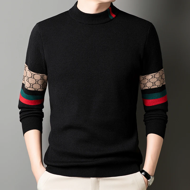 Suéter de manga larga para hombre, cuello semialto, otoño e invierno, con base estampada de moda, lujo ligero y de moda