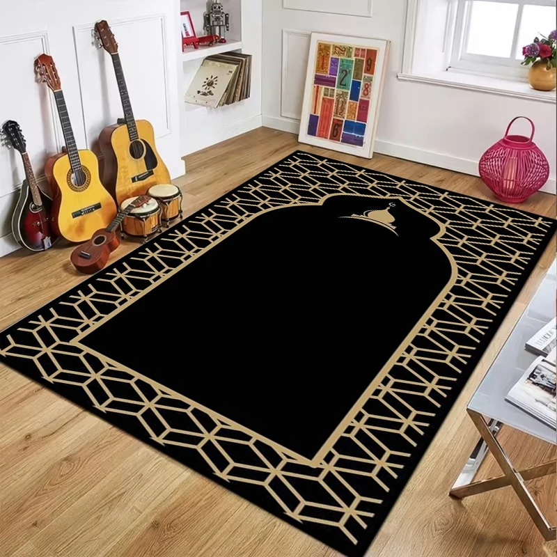 Modern Black Gold Geometric Prayer Area Rug Non-slip Floor Mat Islamic Pattern Carpet Home Decoration for Bedroom Living Room