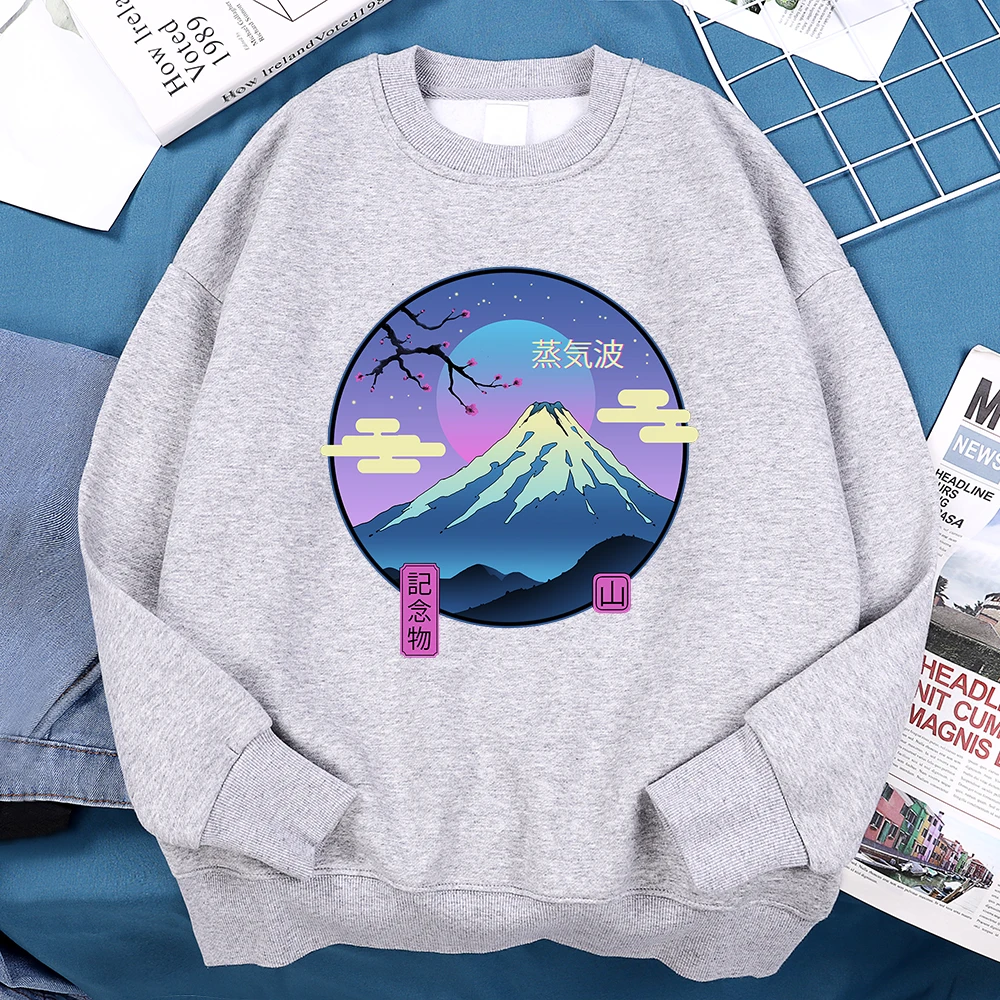 Japanese Harajuku Sakura Mount Fuji Hoody Men Fashion Sweatshirt Fleece Fleece Hoodies Crewneck Loose Comfortable Clothes Casual