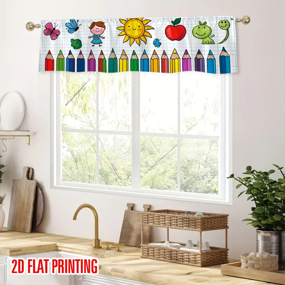VIKAMA Colorful Doodle Print Valance Curtain, Short Window Curtain for Kitchen Bedroom Living Room Home Decor