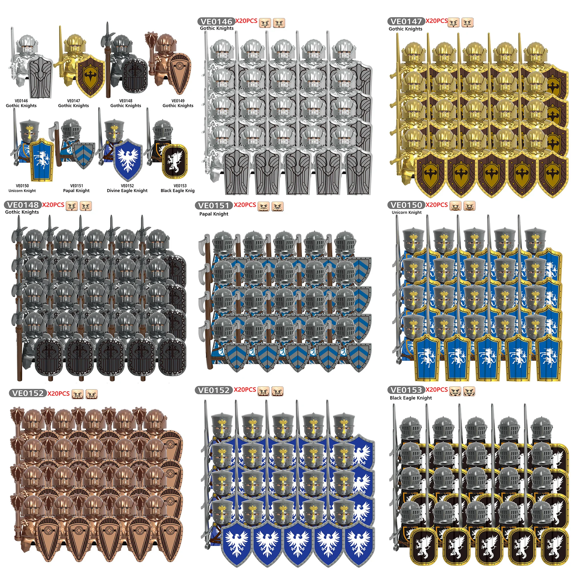 Mittelalterliche Militärritter-Serie, Bausteine, Königsschloss, schwarzer Adler, Krieger, Wachen, Soldat, Figuren, Kriegsschild, Ziegel, Spielzeugjunge