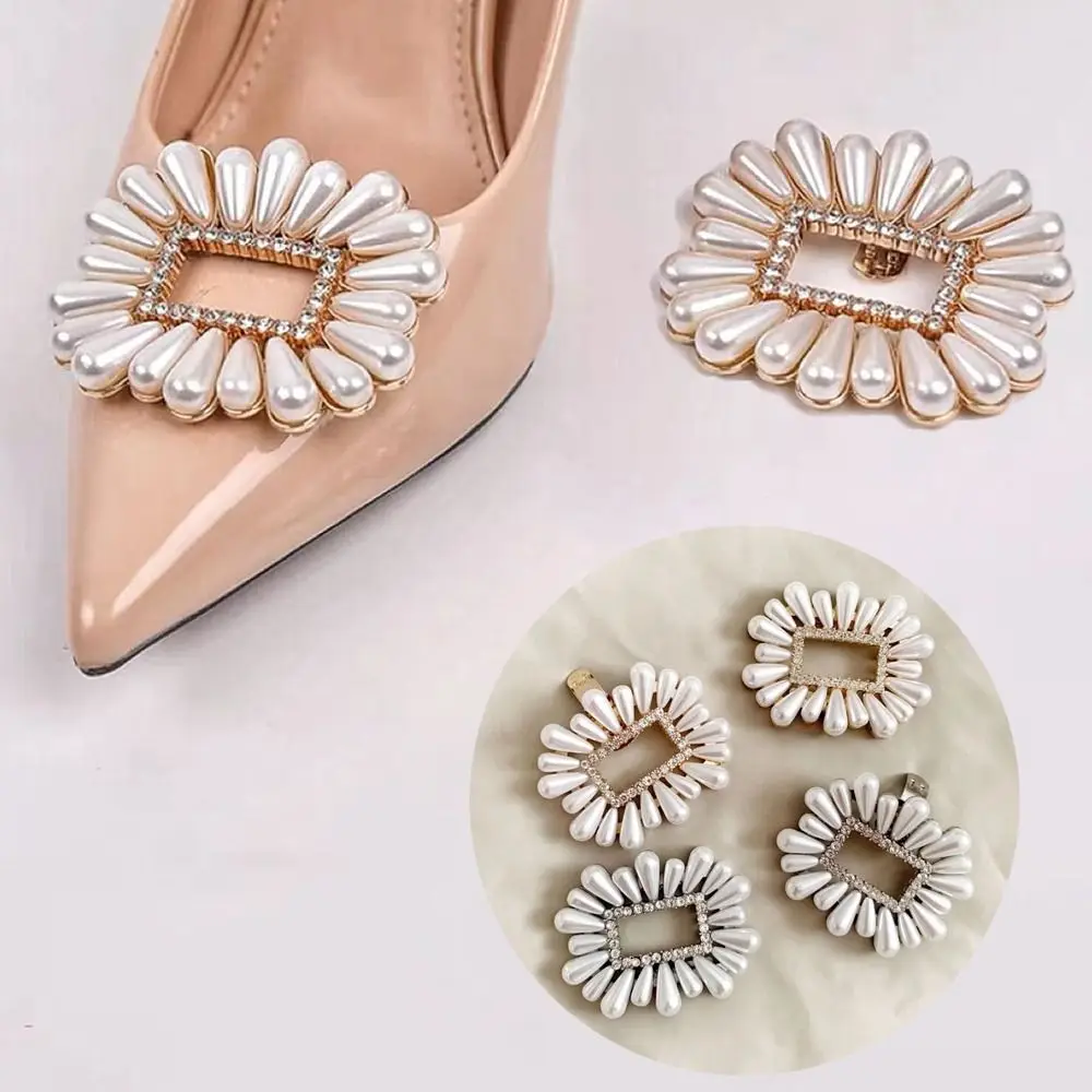 

2pcs Women Square Pearl Shoe Clips Charm Buckle Shiny Decorative Clips Bride Shoes