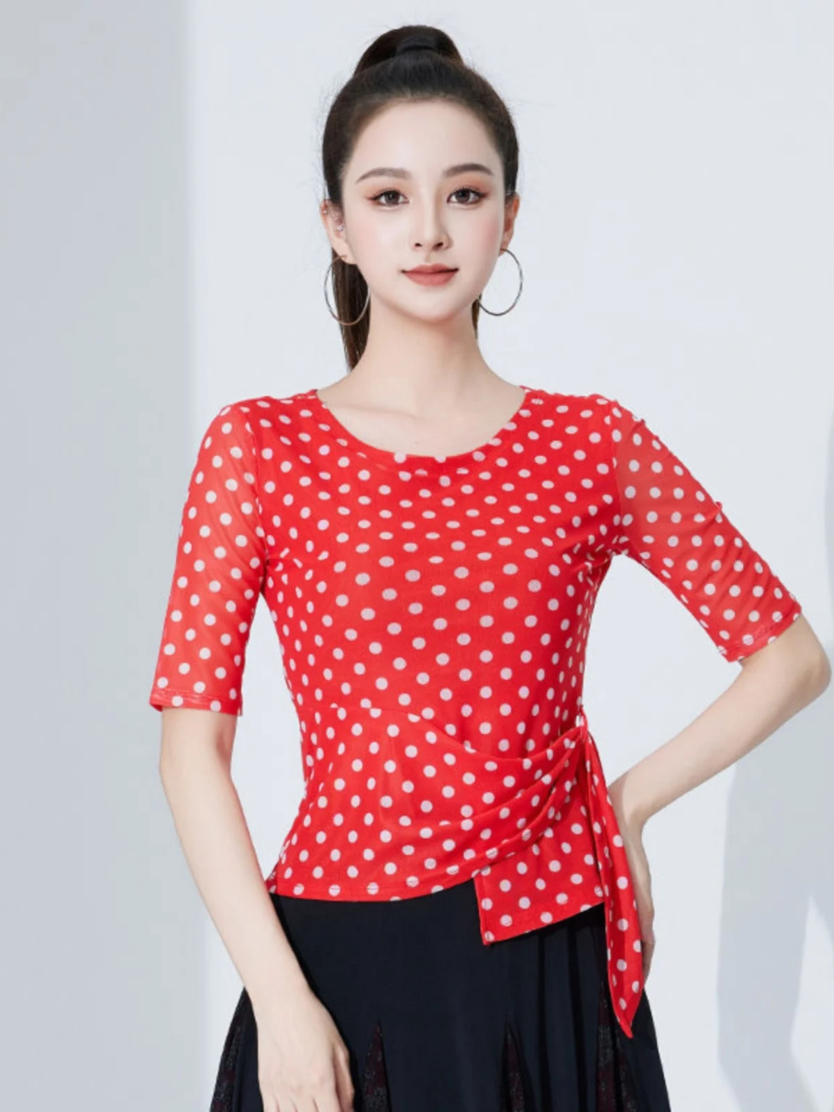 Odzież do tańca nowoczesnego, top damski, wyszczuplająca odzież taneczna, ubrania do tańca towarzyskiego, poliester, długi rękaw, okrągły dekolt.