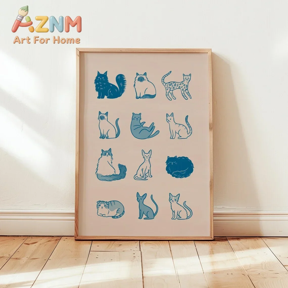 AZNM Various Breeds Cats Canvas Wall Art Blue Line Drawing Minimalist Cat Chart Frameless Print Poster for Cat Lover Home Decor