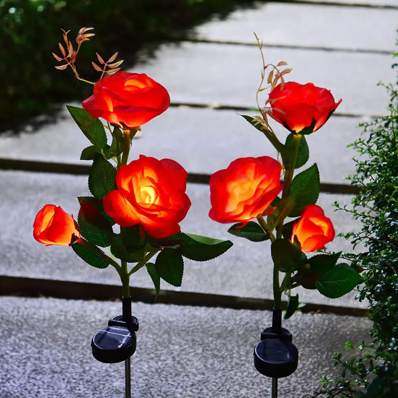 2 Pack Rose Solar Lamp Ground Outdoor Waterproof Yard Power LED Artificial Flower Light
