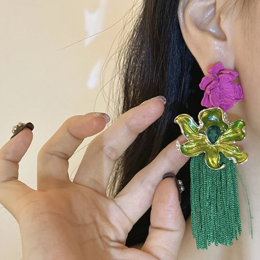 

Trendy Light Luxury Flower Drop Earrings Tassel Rhinestone Bohemian Earrings Women Ear Jewelry Charms Sweet Earrings Gift