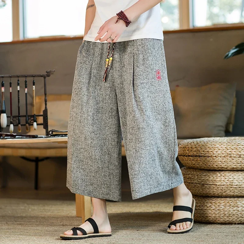 Pantalon Kimono traditionnel japonais pour homme, vêtement asiatique, pantalon de bain, ample, Style japonais, Yukata, en lin, jambes larges